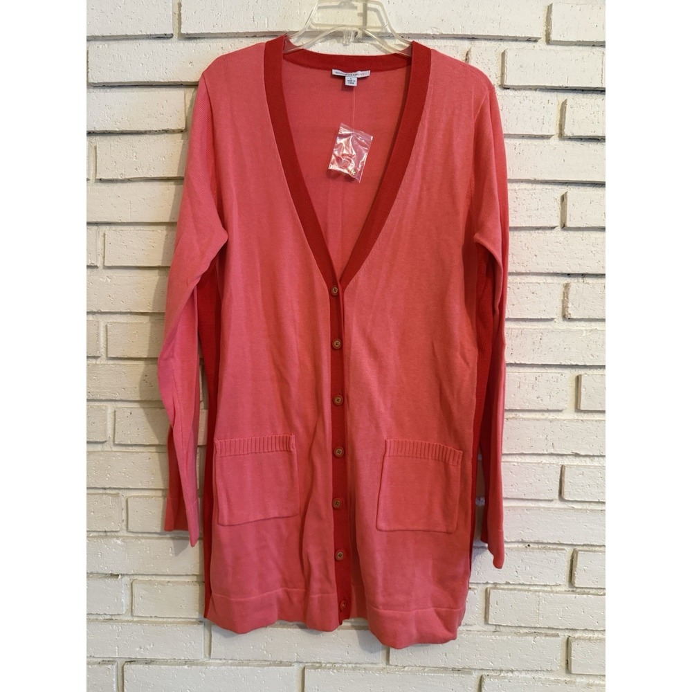 Isaac Mizrahi‎ Live! Color-Block Boyfriend Cardigan Coral Size Large NEW